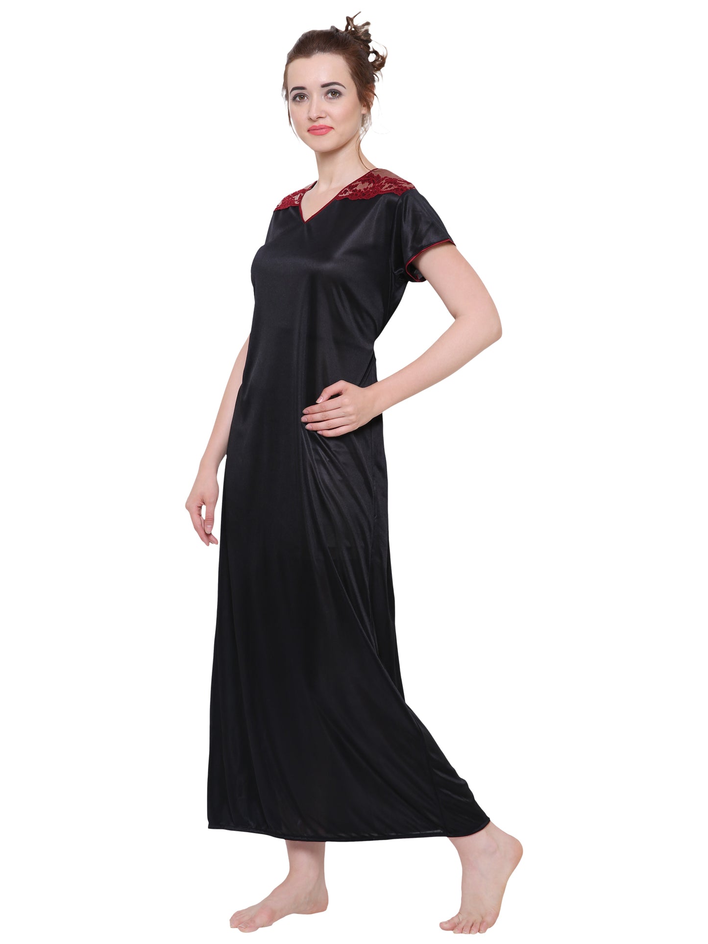 Plus Size Women Satin Black V Neck Maxi Nightdress With Lace Detailing (Size XS-10XL)
