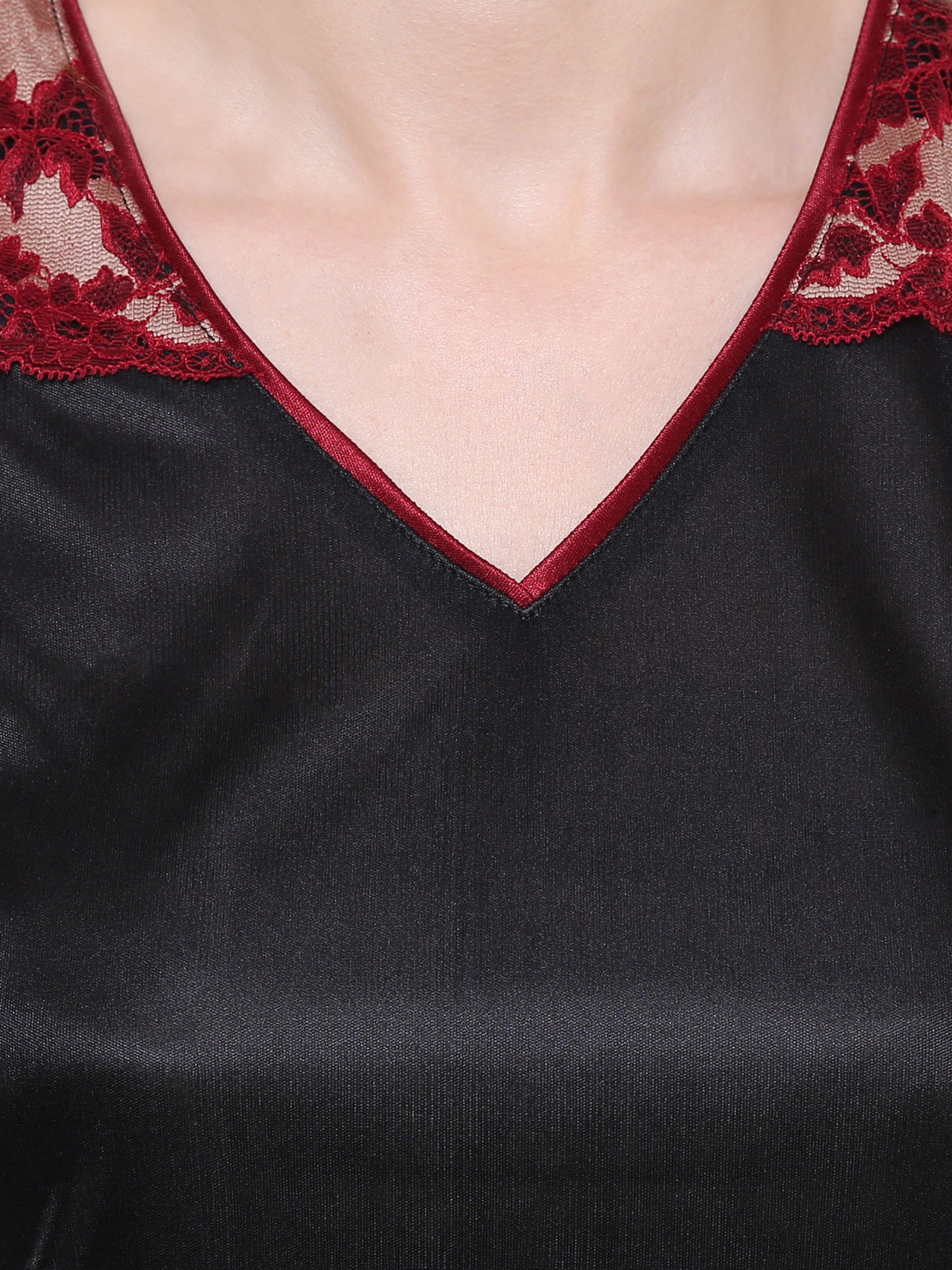 Plus Size Women Satin Black V Neck Maxi Nightdress With Lace Detailing (Size XS-10XL)