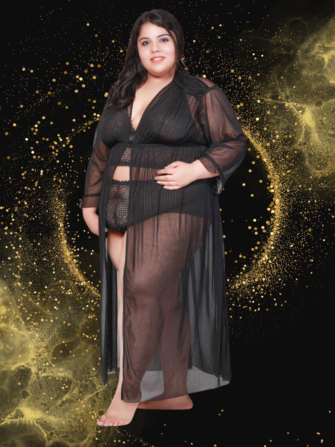 Hot Three Piece Black Lace Bikini Set With Robe B18K.R3K - | Buy Online from Klamotten