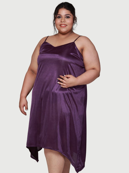 plus size stain slip and babydoll dress for honeymoon in purple color