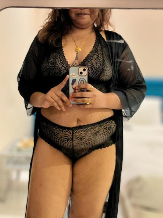 Hot Three Piece Black Lace Bikini Set With Robe B18K.R3K