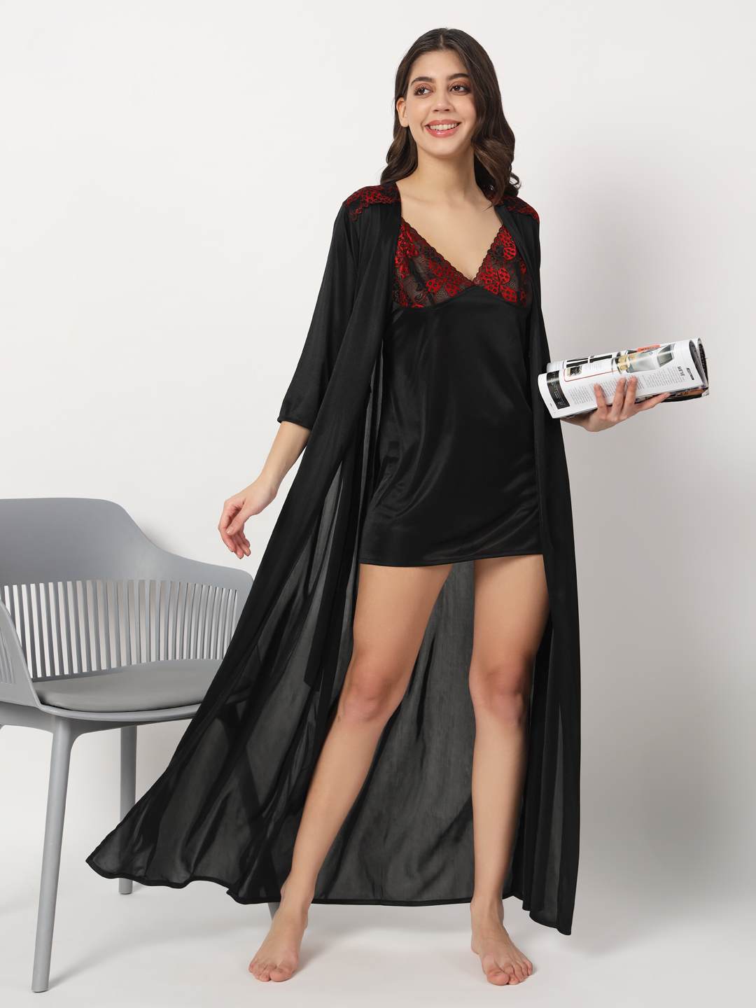 Hot Two Piece Satin Robe & Night Dress for Women X301Kg Klamotten Hot Two Piece Satin Robe & Night Dress for Women X301Kg Klamotten