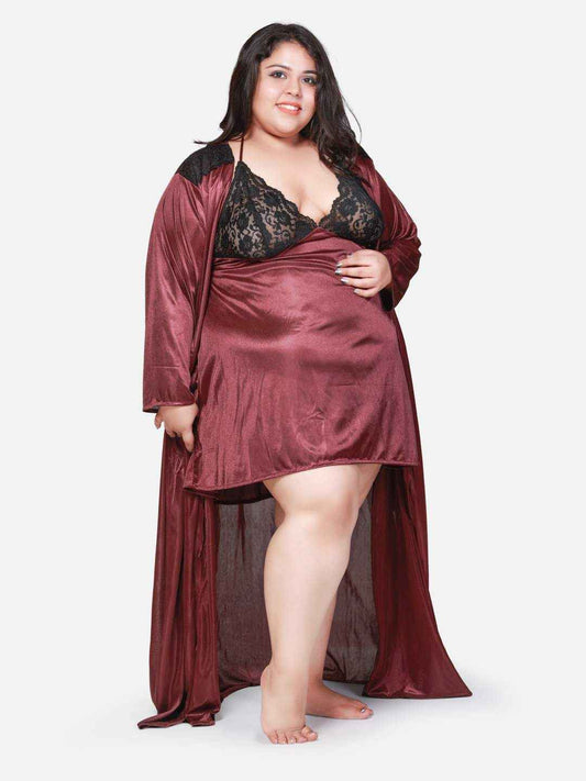 Plus Size Hot Two Piece Burgundy Babydoll Night Dress for Women 301U