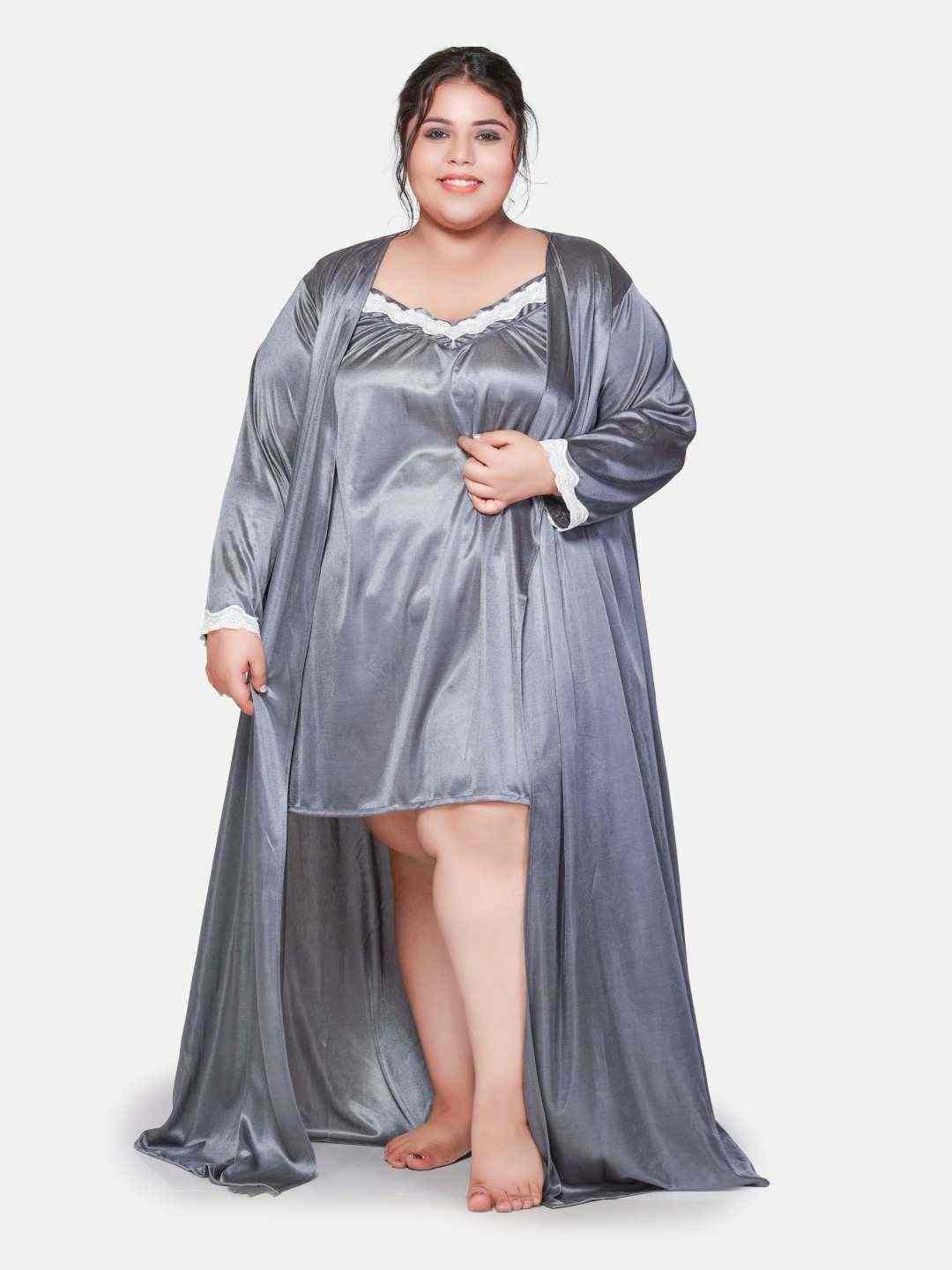 Plus Size Hot Two Piece Grey Babydoll Night Dress for Women 302Zd