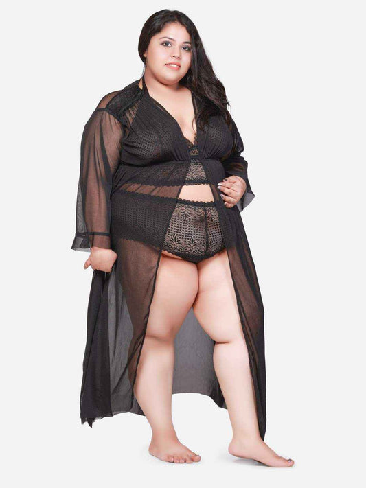 Plus Size Hot Three Piece Black Lace Bikini Set With Robe B18K.R3K