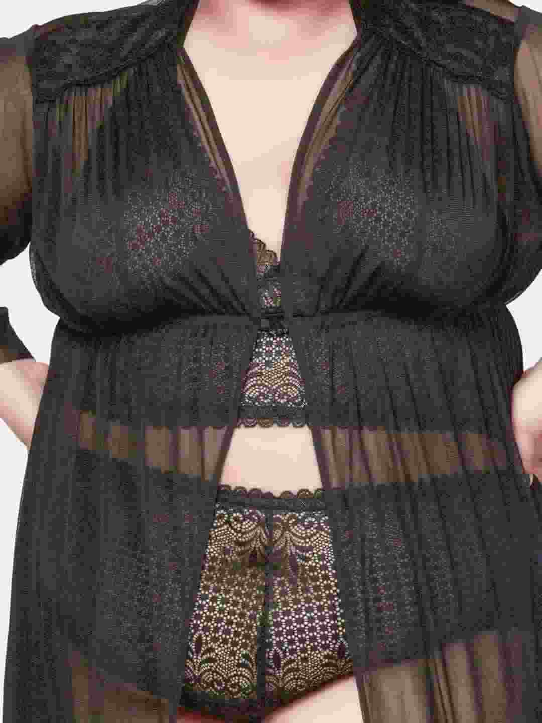 Plus Size Hot Three Piece Black Lace Bikini Set With Robe B18K.R3K - | Buy Online from Klamotten