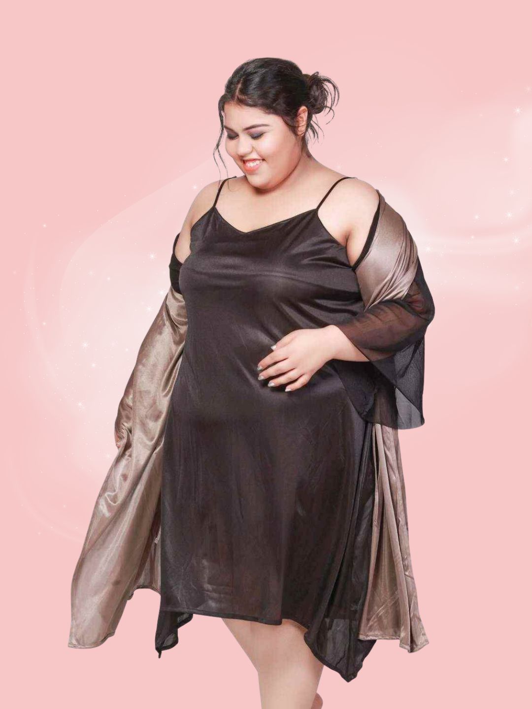 Plus Size Hot Two Piece Taupe Babydoll Night Dress for Women B53K