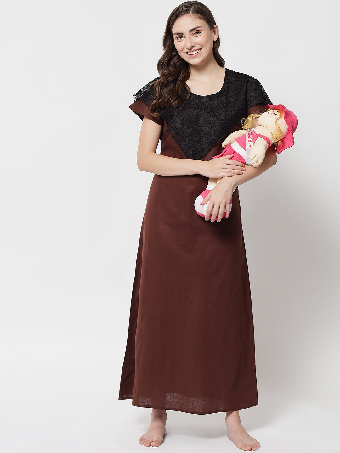 Cotton Solid Maternity and Feeding Maxi Nighty & Dress With Zip