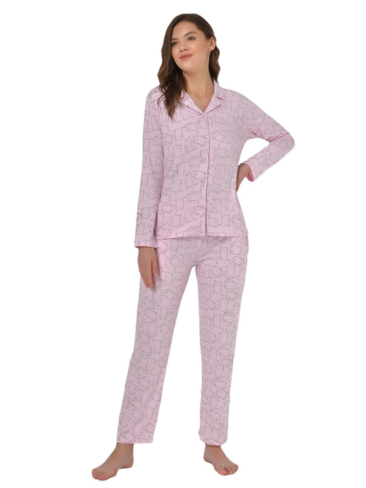 Klamotten Women's Baby Pink Allover Printed Top Pyjama Set N55Rb