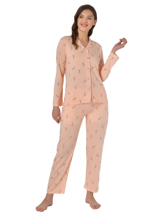 Klamotten Women's Baby Pink Allover Printed Top Pyjama Set N54H