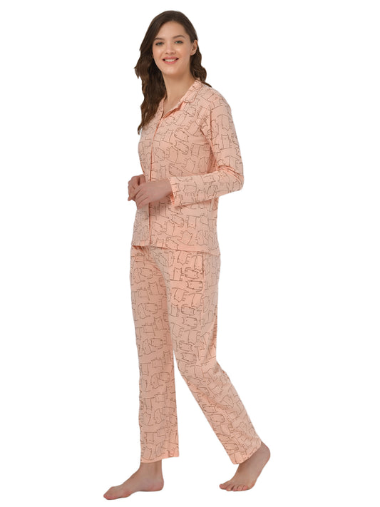 Klamotten Women's Baby Pink Allover Printed Top Pyjama Set N55H