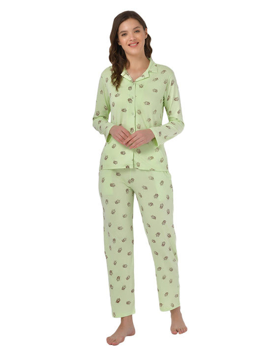 Klamotten Women's Sea Green Allover Printed Top Pyjama Set N53Gs