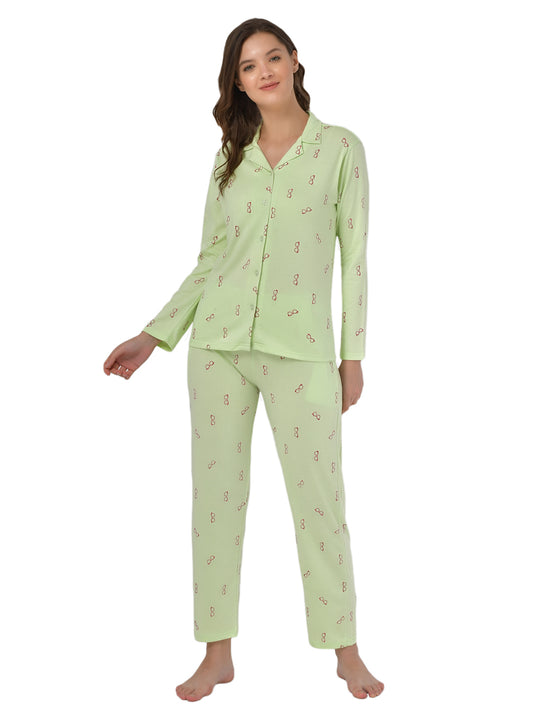 Klamotten Women's Sea Green Allover Printed Top Pyjama Set N54Gs
