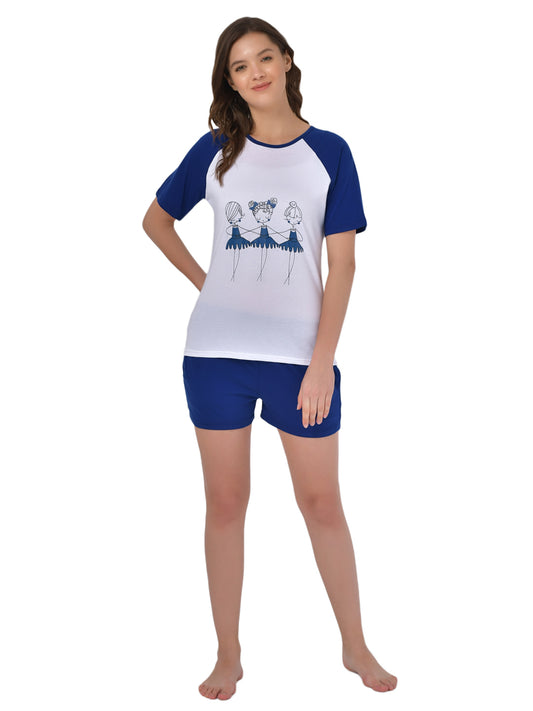 Klamotten Women's White Blue Graphic Printed Top Shorts Set GM01Nr