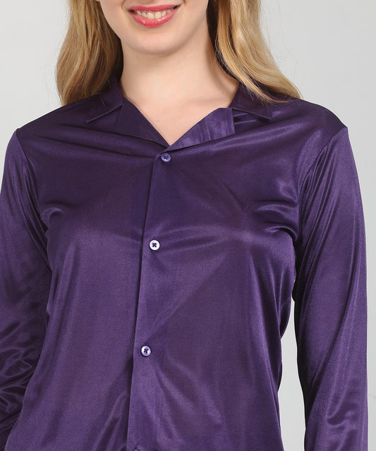 Klamotten Women's Solid Satin Button Up Top & Pyjama Nightsuit DB57J