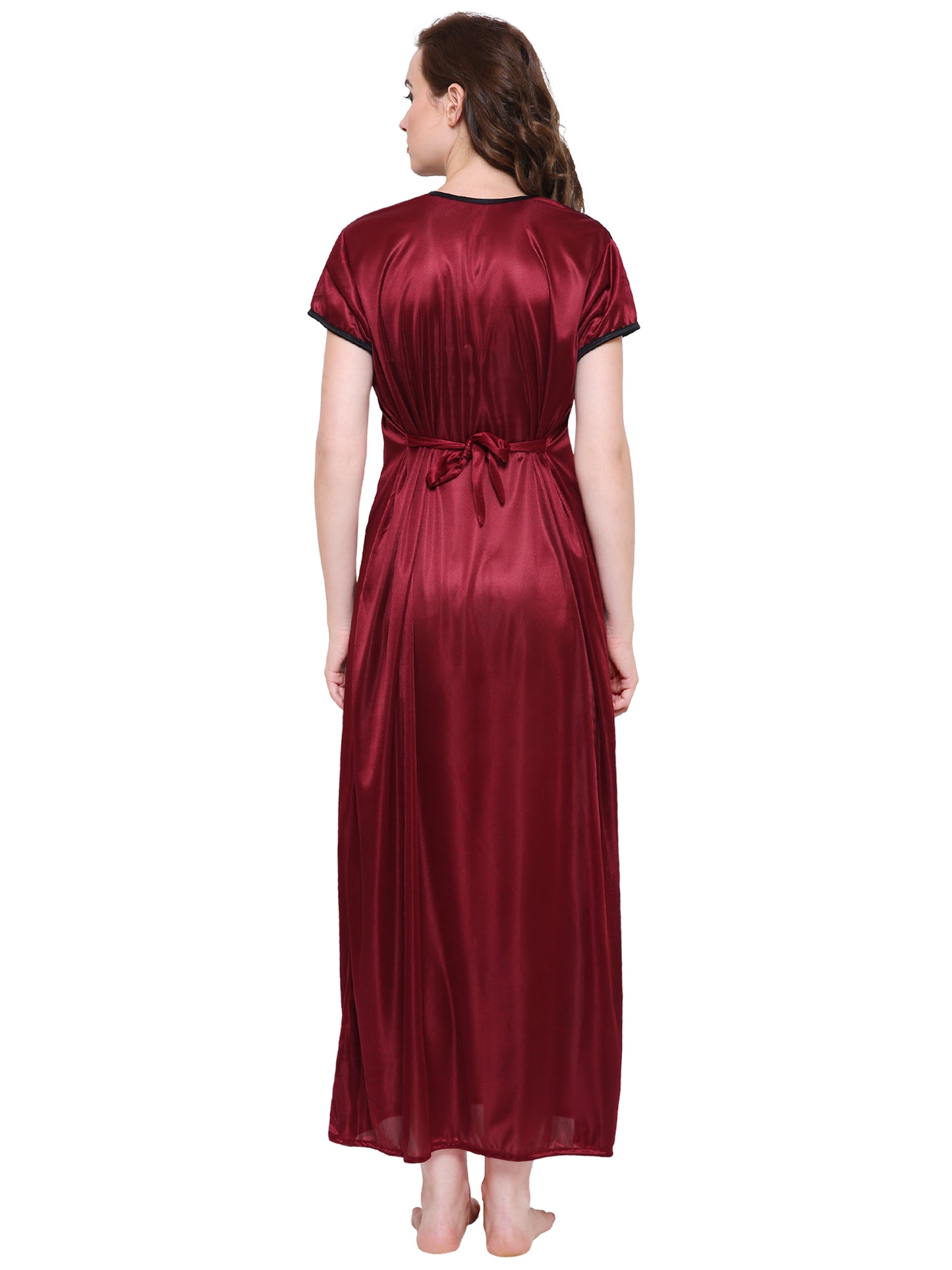 Plus Size Women Satin Maroon Maxi Nightdress with Lacework (Size XS-10XL)