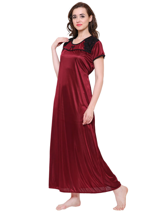 Plus Size Women Satin Maroon Maxi Nightdress with Lacework (Size XS-10XL)