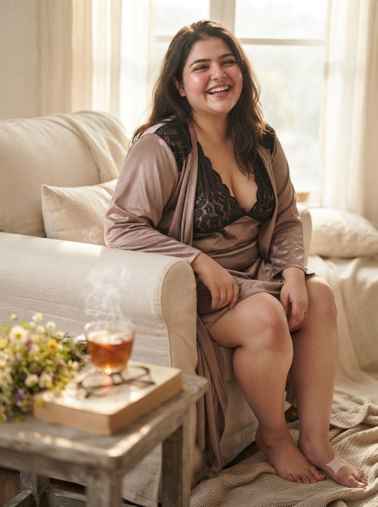 First Kiss Babydoll BB301Bm – taupe satin babydoll and black lace robe, relaxed lifestyle view