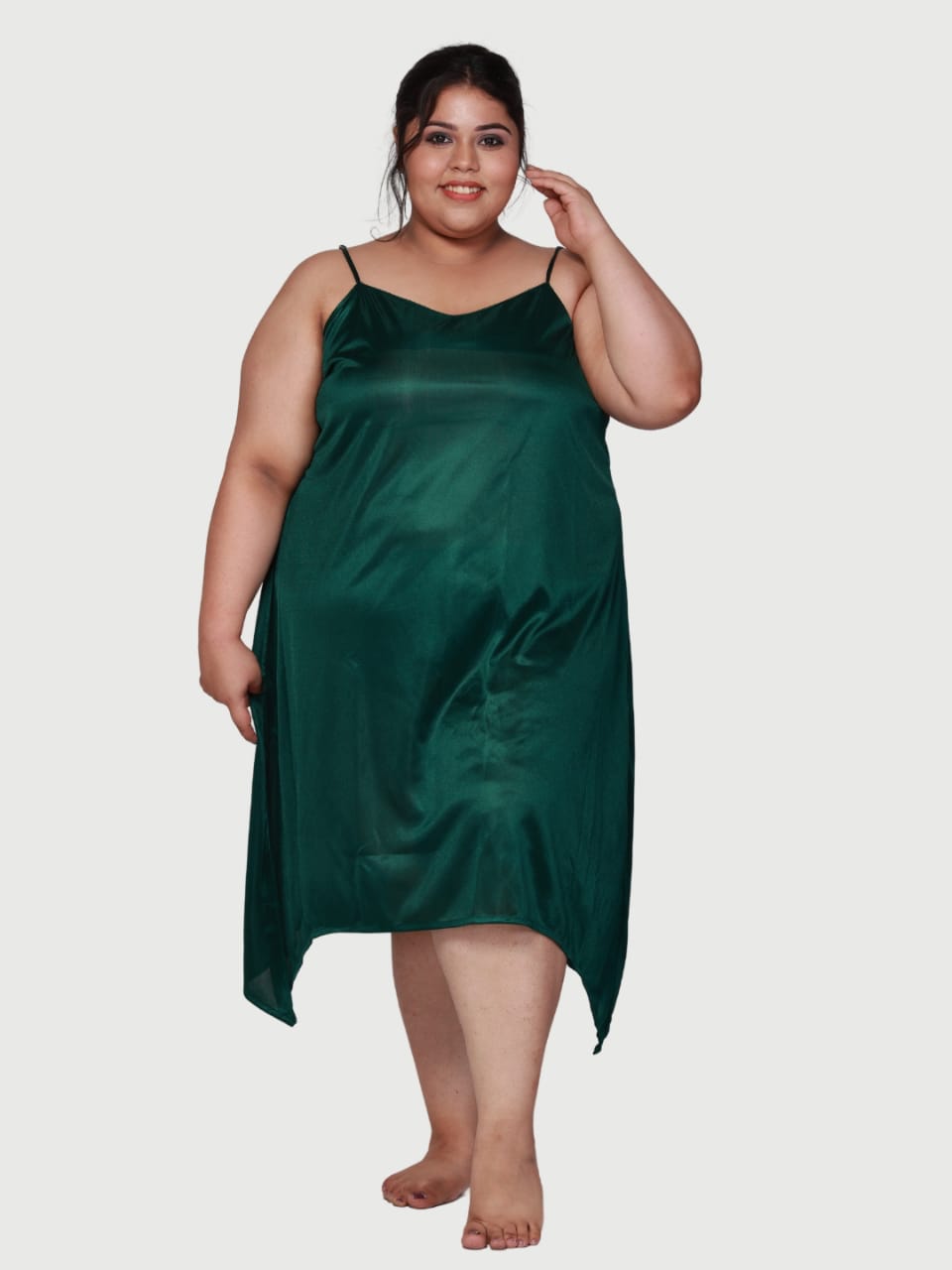 plus size stain slip and babydoll dress for honeymoon in green color