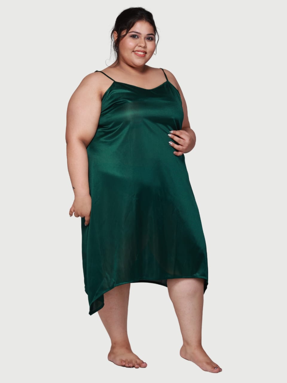 plus size stain slip and babydoll dress for honeymoon in green color