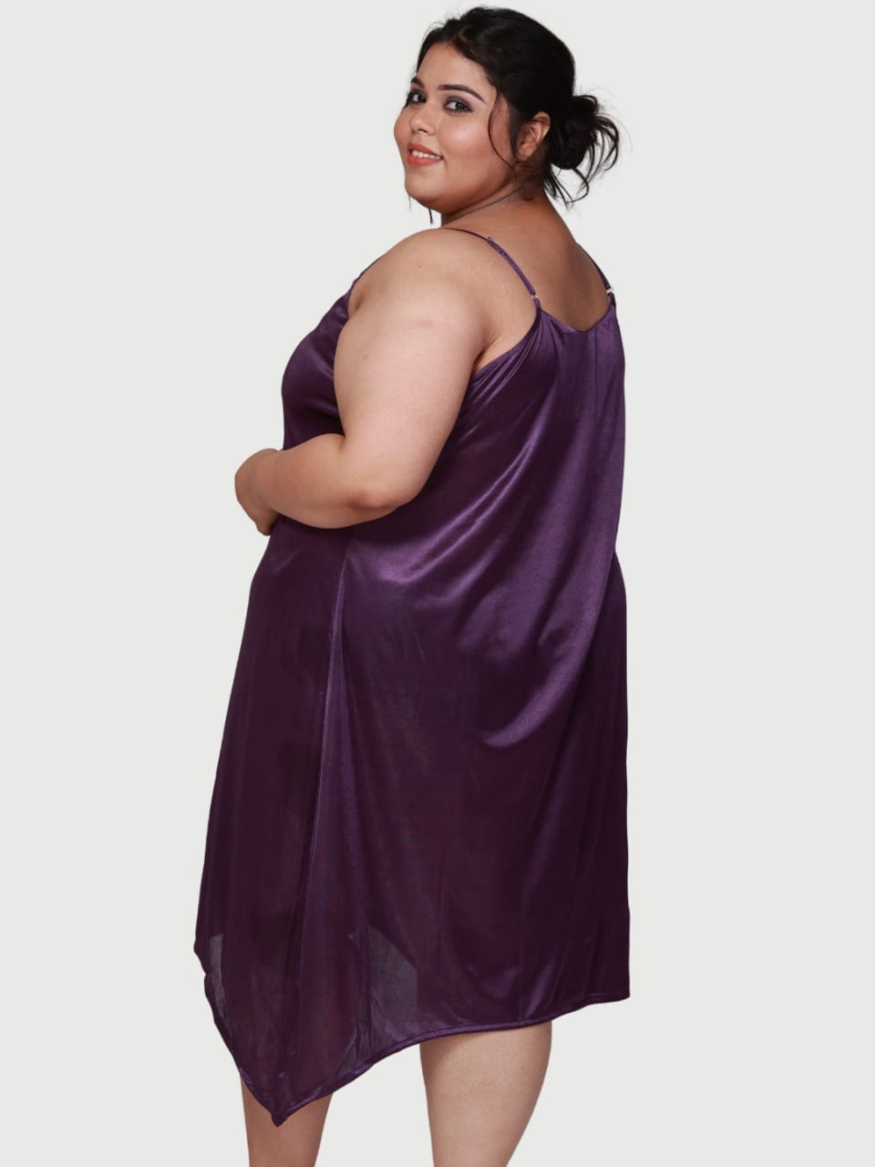plus size stain slip and babydoll dress for honeymoon in purple color