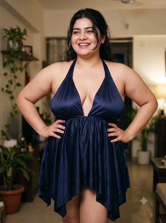 Plus size navy satin babydoll nightdress BB36N by Klamotten – front lifestyle view