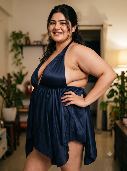 Plus size navy satin babydoll BB36N – side angle showing halter neckline and draped hem