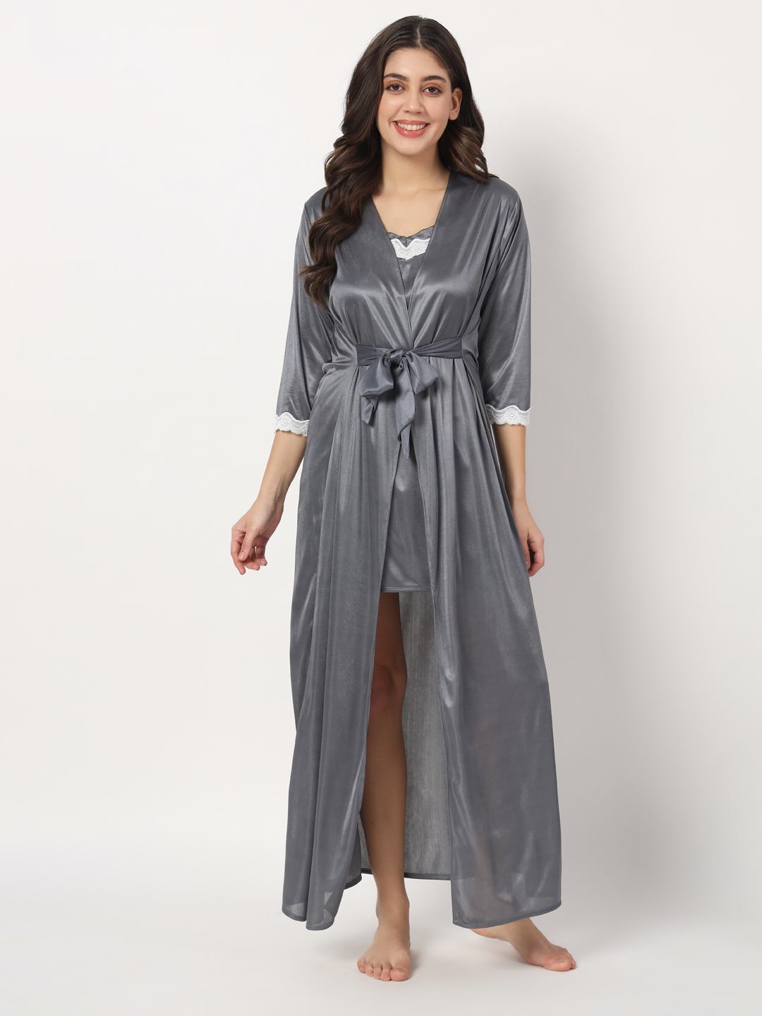 Hot Two Piece Satin Robe & Night Dress for Women X302Zd