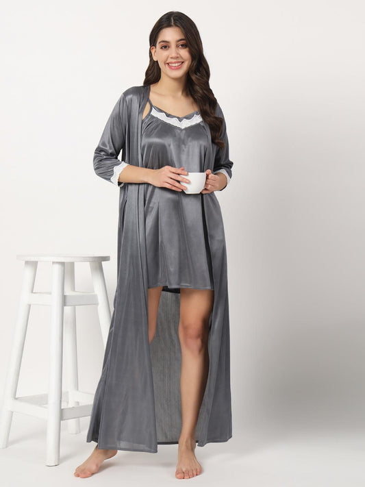 Hot Two Piece Satin Robe & Night Dress for Women X302Zd
