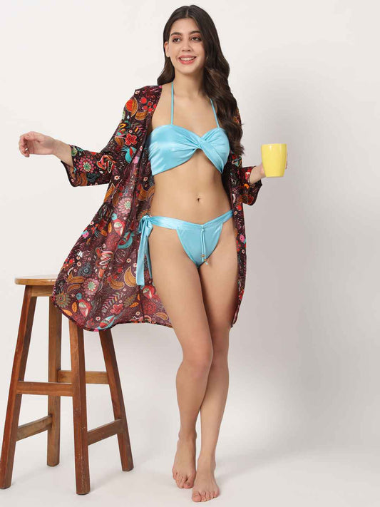 printed sexy hot and short honeymoon dress with bikini and robe. Valentines day gift for girlfriend and boyfriend 