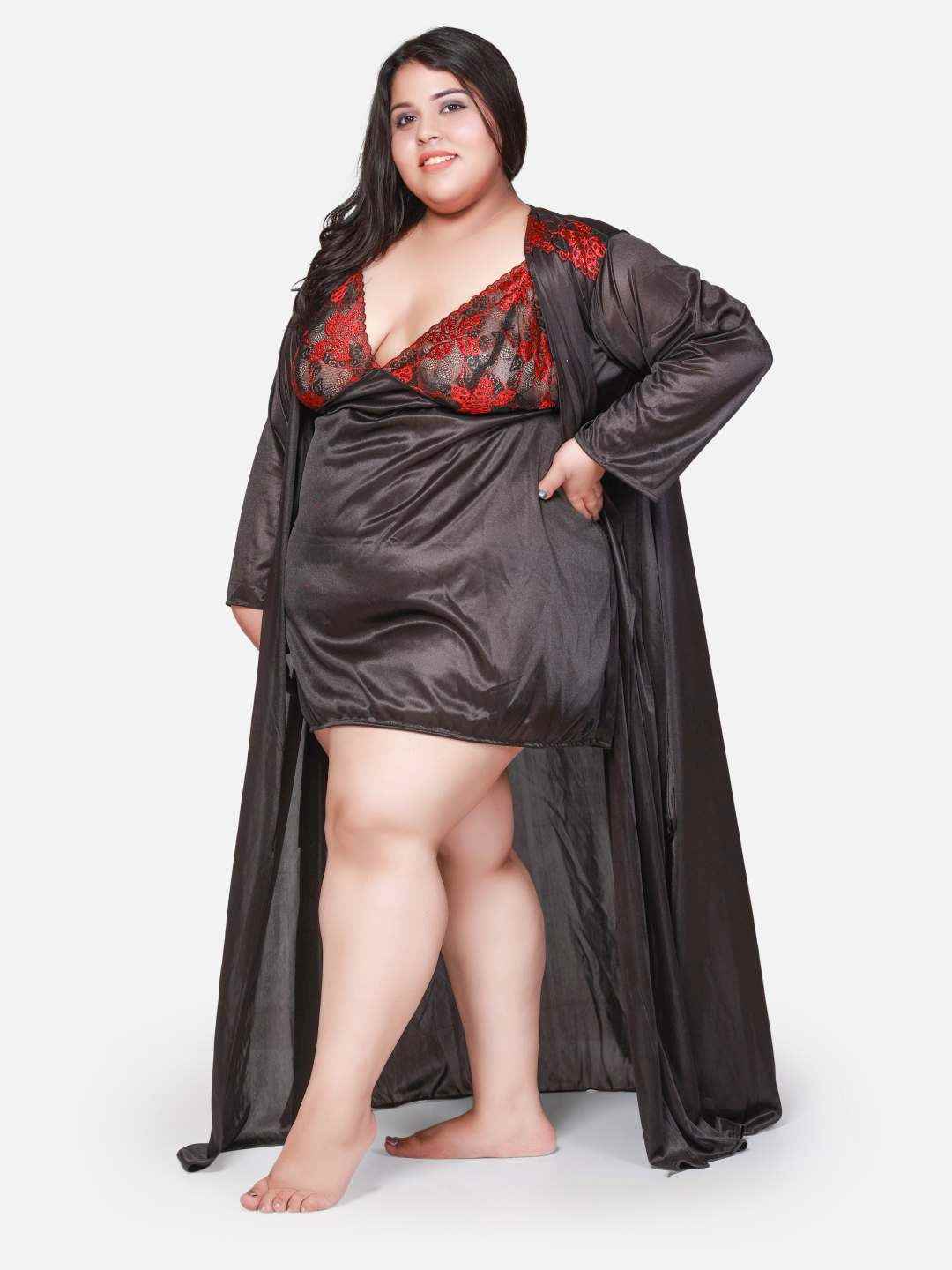 Plus Size Hot Two Piece Black Babydoll Night Dress for Women 301Kg