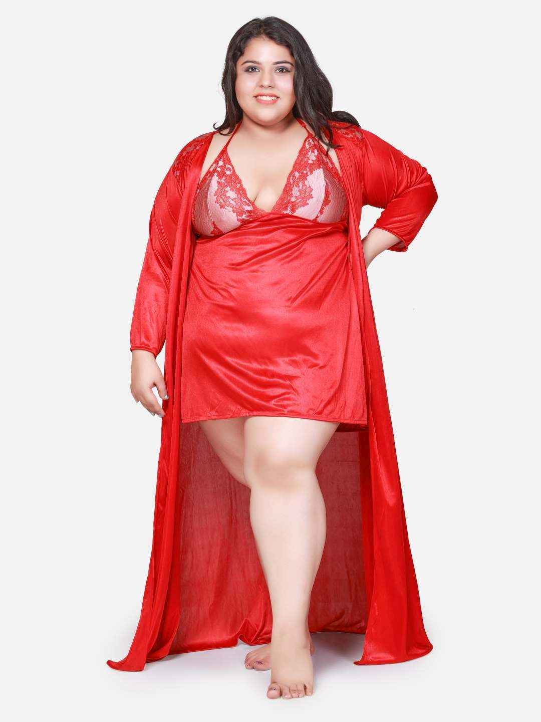 Plus Size Hot Two Piece Maroon Babydoll Night Dress for Women 301Mg