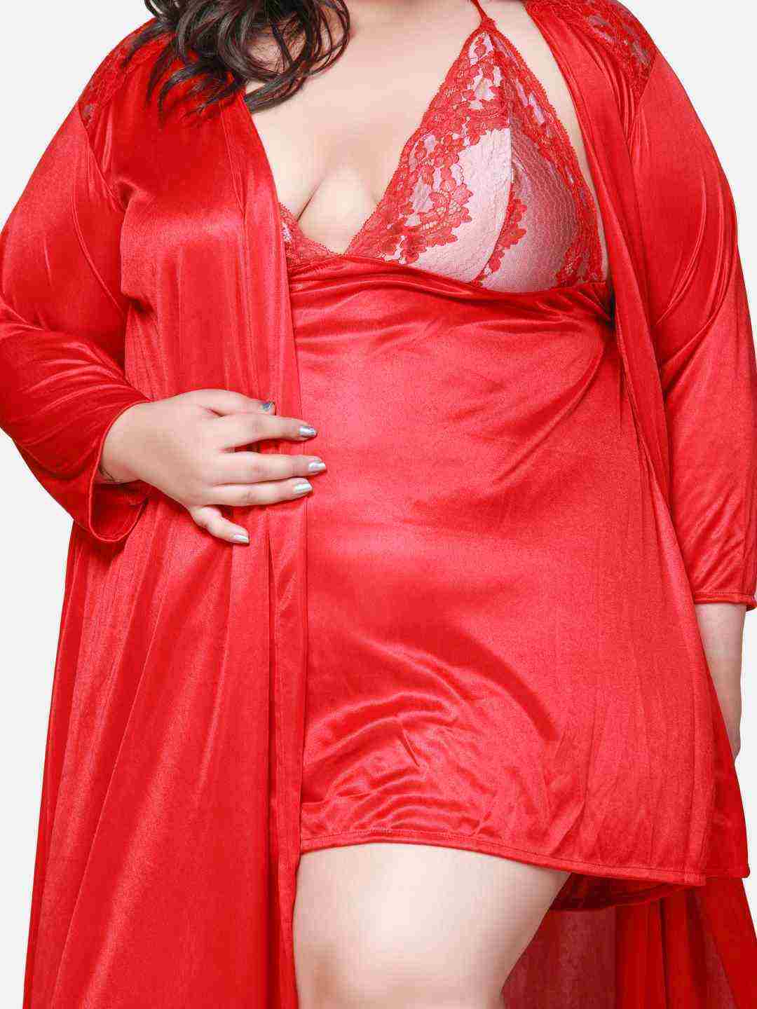 Plus Size Hot Two Piece Maroon Babydoll Night Dress for Women 301Mg