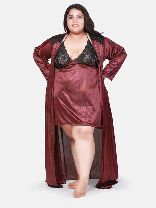 Plus Size Hot Two Piece Burgundy Babydoll Night Dress for Women 301U