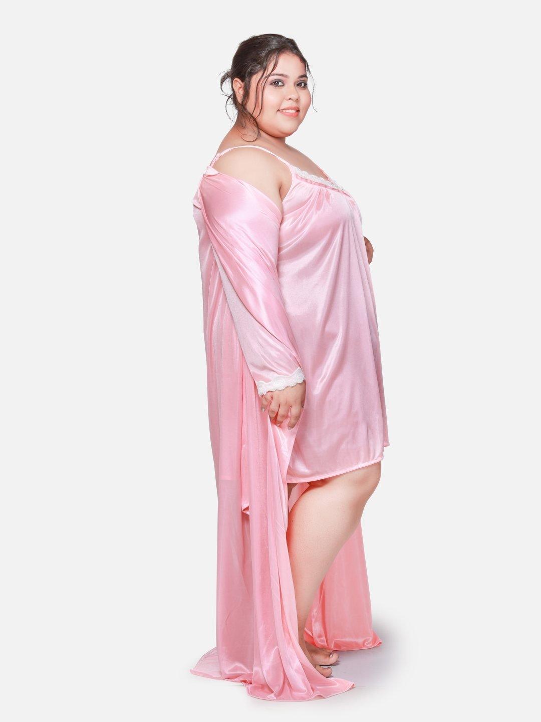 Plus Size Hot Two Piece Light Pink Babydoll Night Dress for Women 302Hl