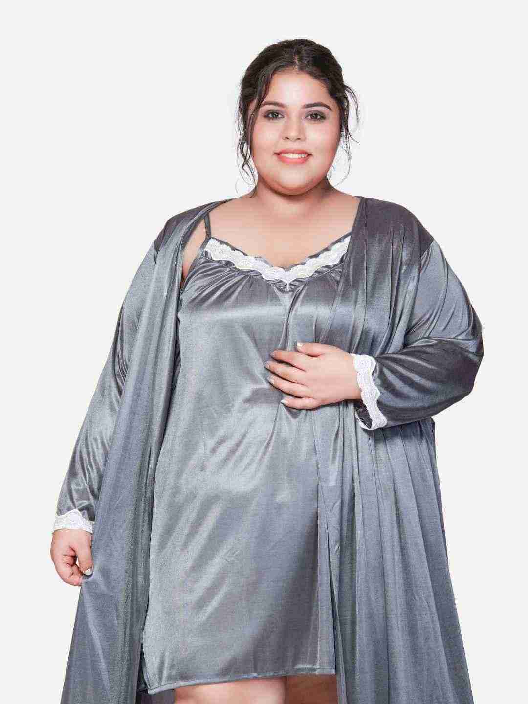 Plus Size Hot Two Piece Grey Babydoll Night Dress for Women 302Zd