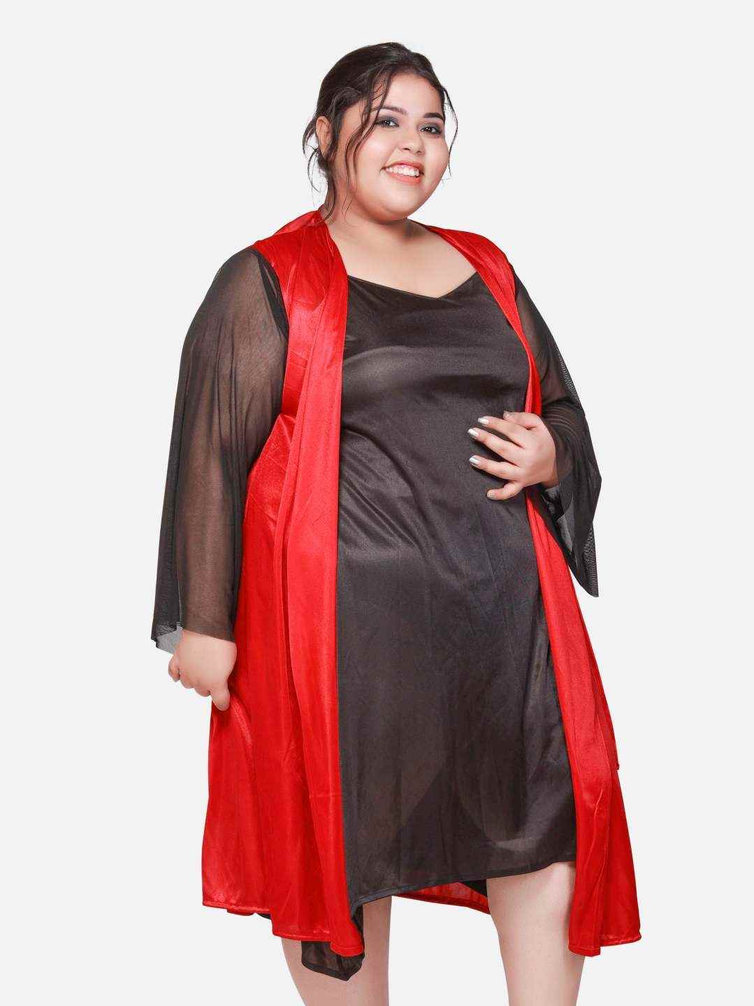 Plus Size Hot Two Piece Maroon Babydoll Night Dress for Women B53K.R4M