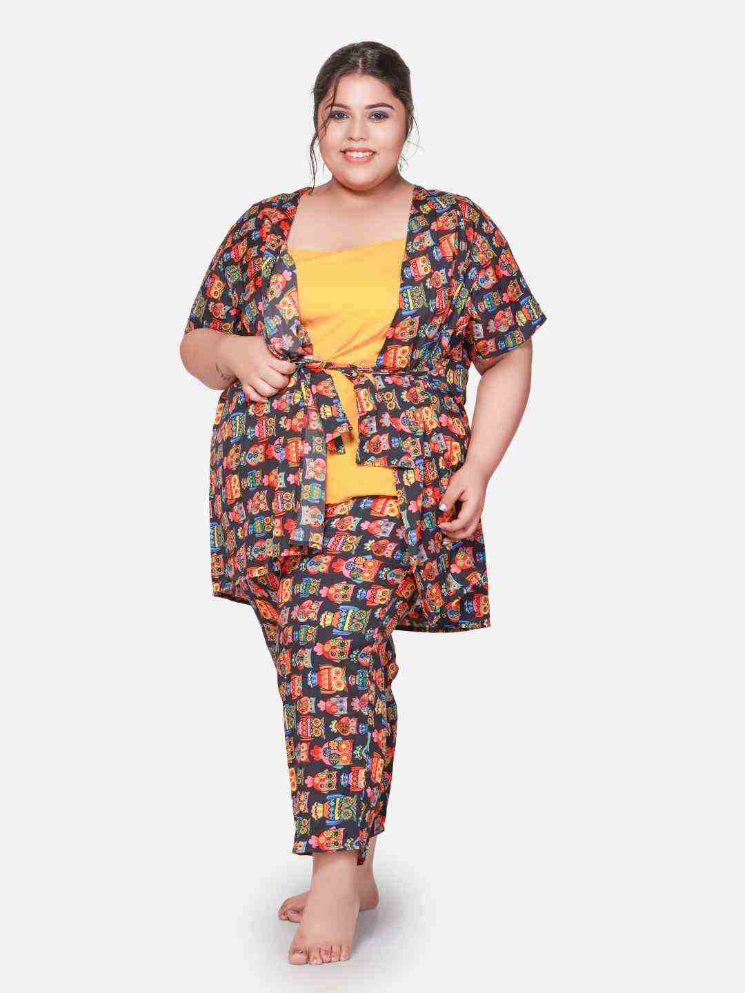 Plus Size Three Piece Printed Crepe Coord Set With Robe B58YK0