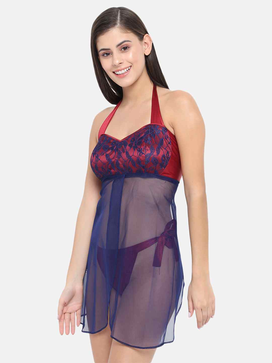 Hot Bridal Maroon Net Babydoll Honeymoon Bikini Night Dress With