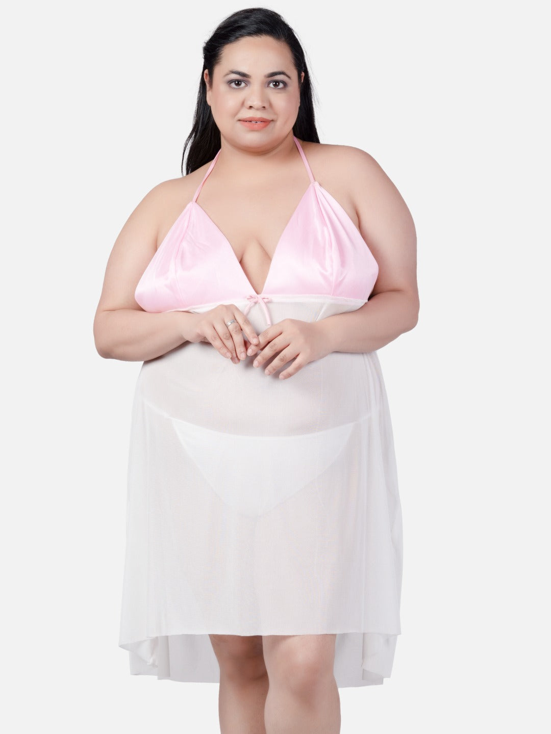 Plus Size Sexy Babydoll Honeymoon Pink White Dress for Women K9RbA