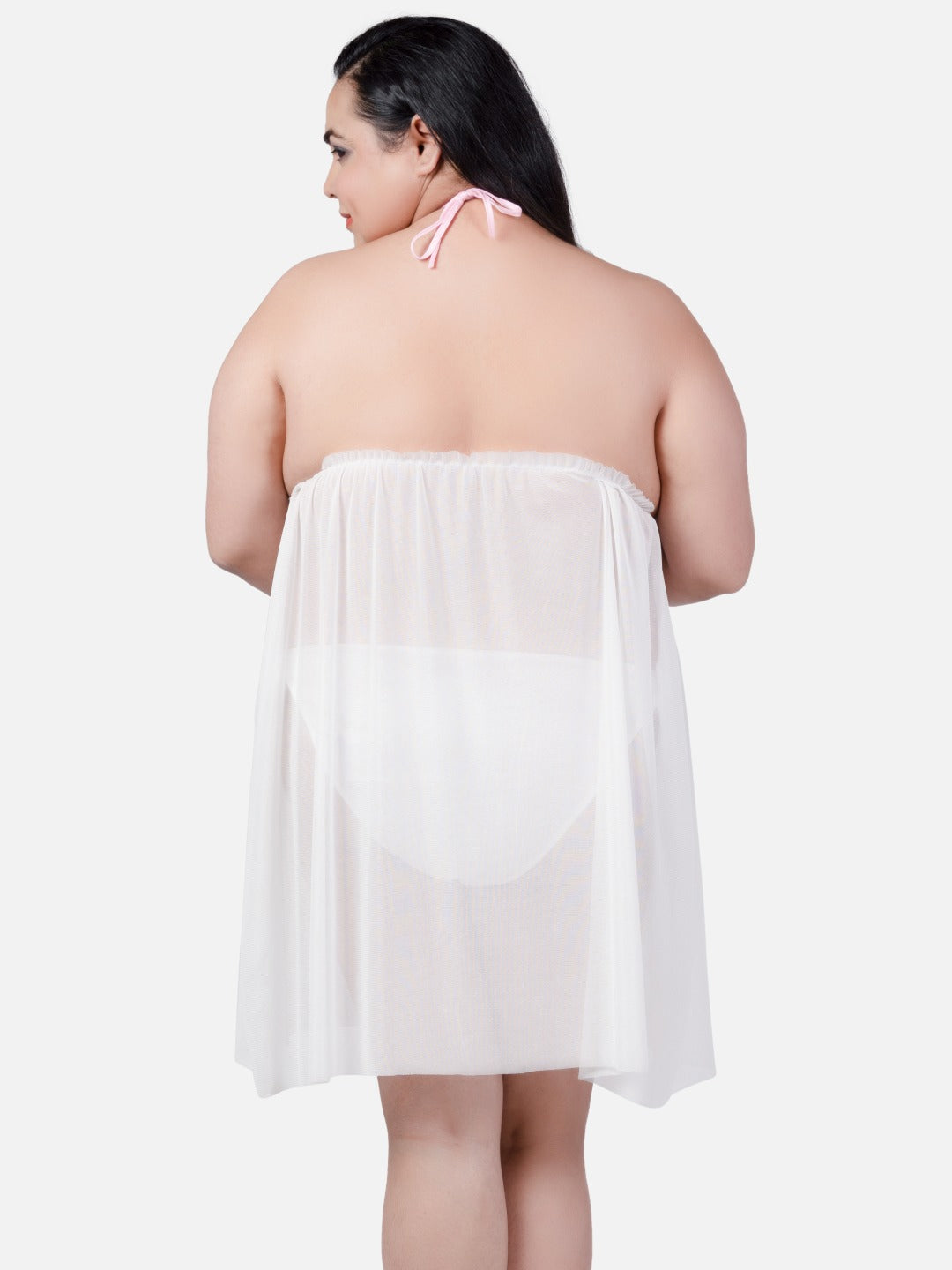 Plus Size Sexy Babydoll Honeymoon Pink White Dress for Women K9RbA