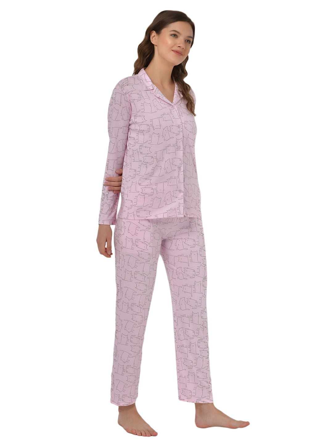 Klamotten Women's Baby Pink Allover Printed Top Pyjama Set N55Rb