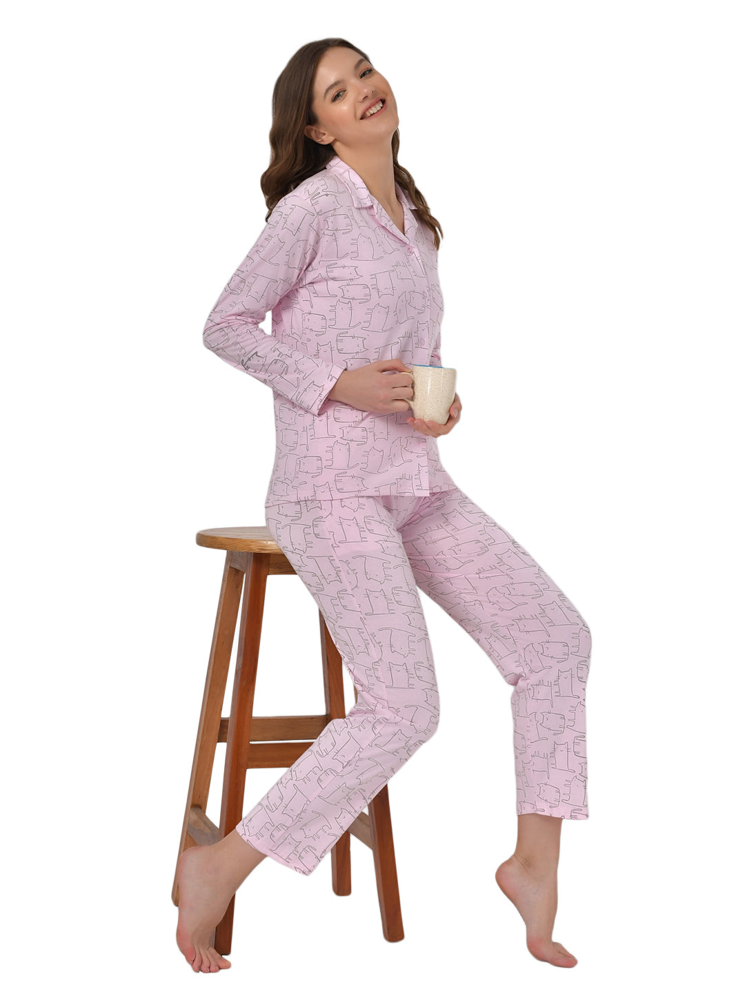 Klamotten Women's Baby Pink Allover Printed Top Pyjama Set N55Rb