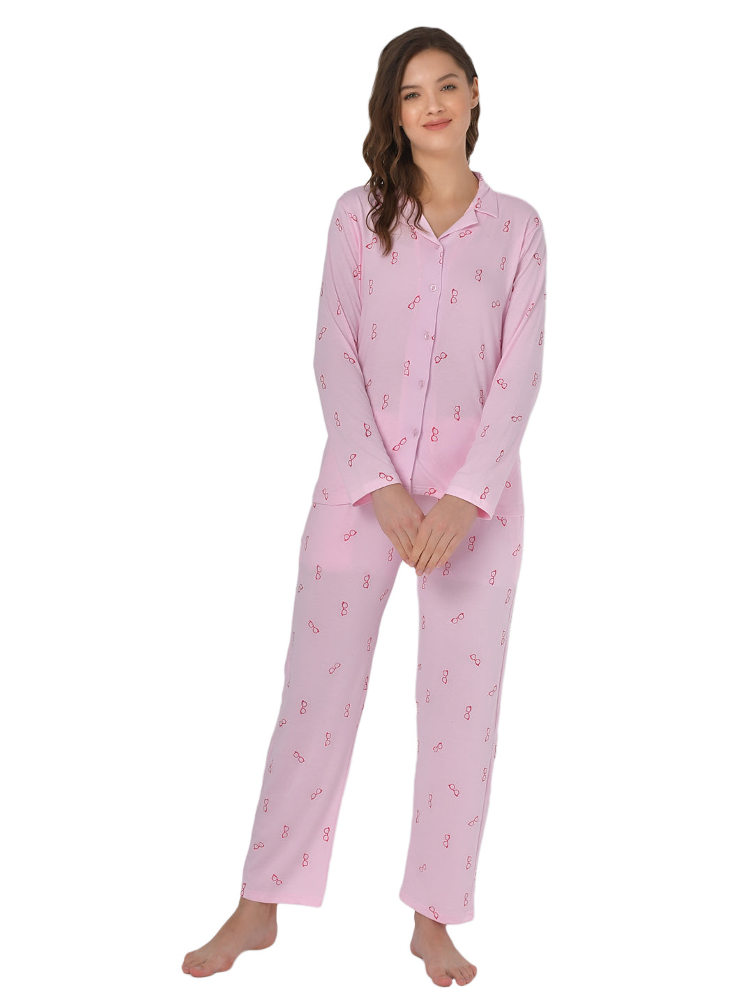 Klamotten Women's Baby Pink Allover Printed Top Pyjama Set N54Rb