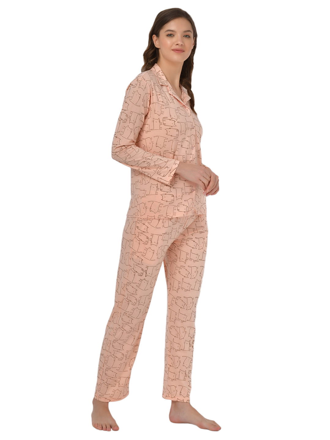 Klamotten Women's Baby Pink Allover Printed Top Pyjama Set N55H