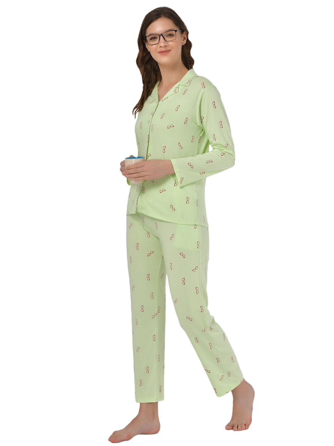 Klamotten Women's Sea Green Allover Printed Top Pyjama Set N54Gs