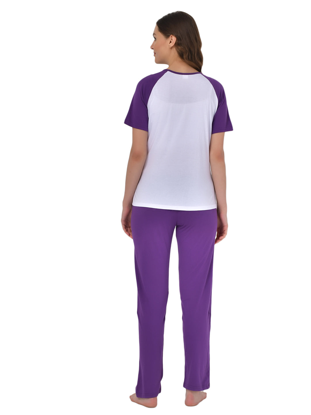 Klamotten Women's White Purple Raglan Sleeves Top Pyjama Set  GM04P