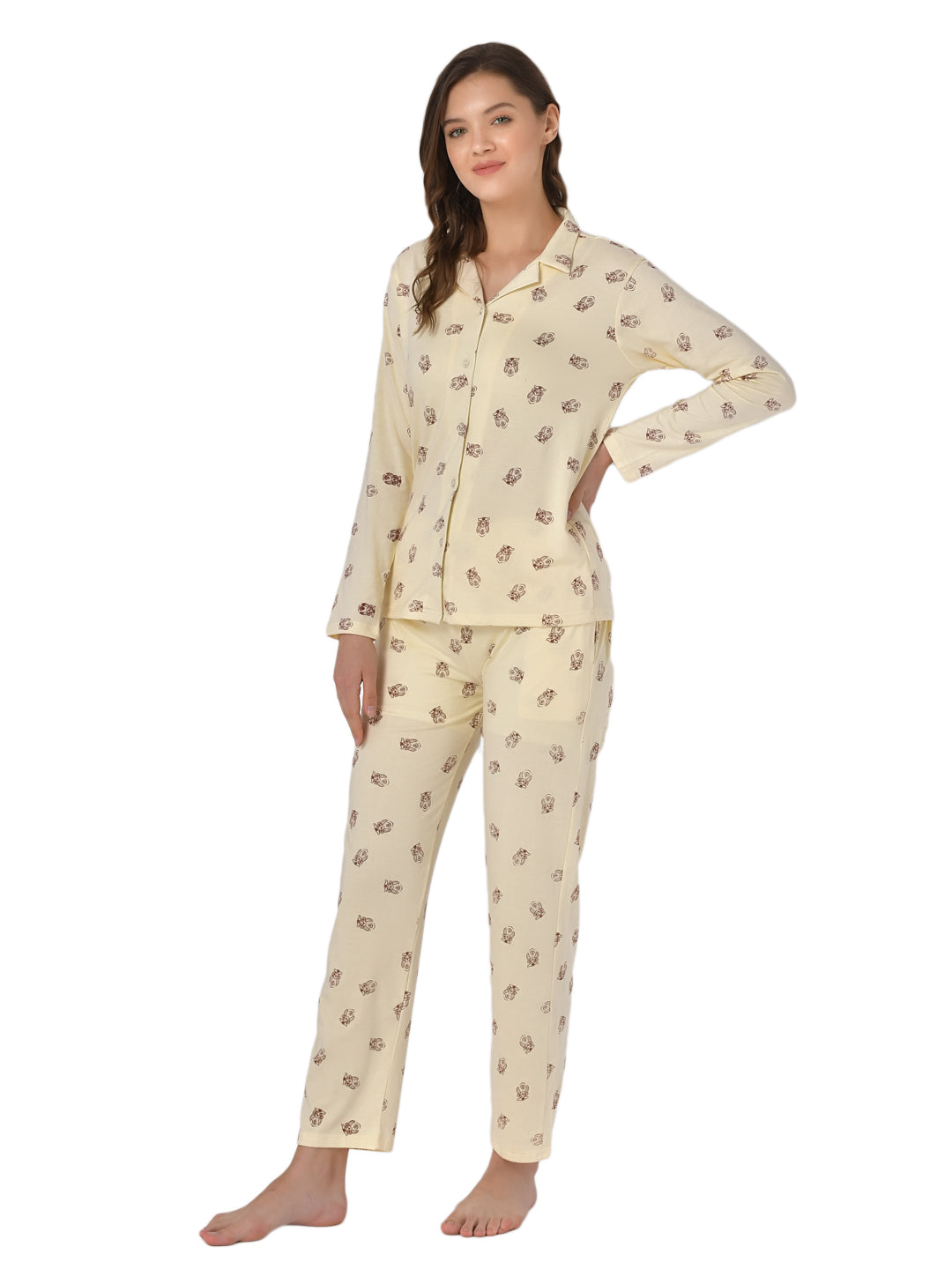 Klamotten Women's Yellow Allover Printed Top Pyjama Set N53Yb
