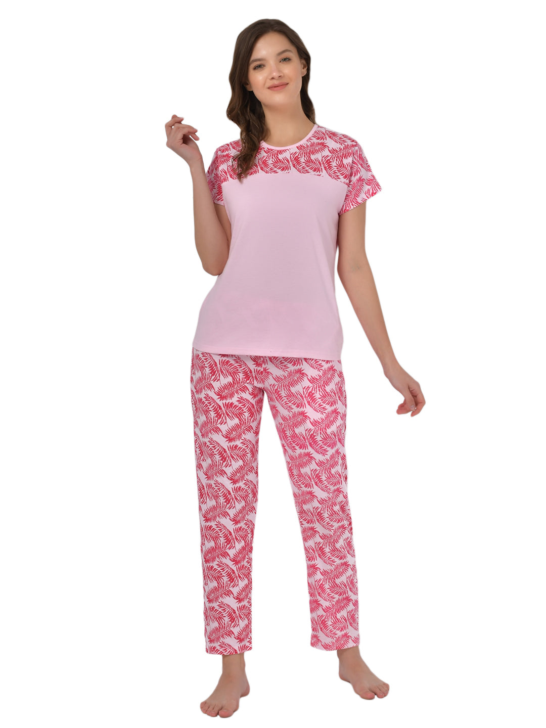 Klamotten Women's Baby Pink Allover Printed Top Pyjama Set N32Rb