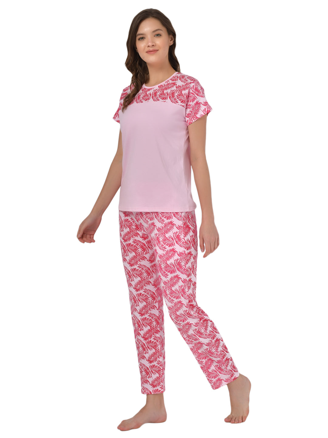 Klamotten Women's Baby Pink Allover Printed Top Pyjama Set N32Rb